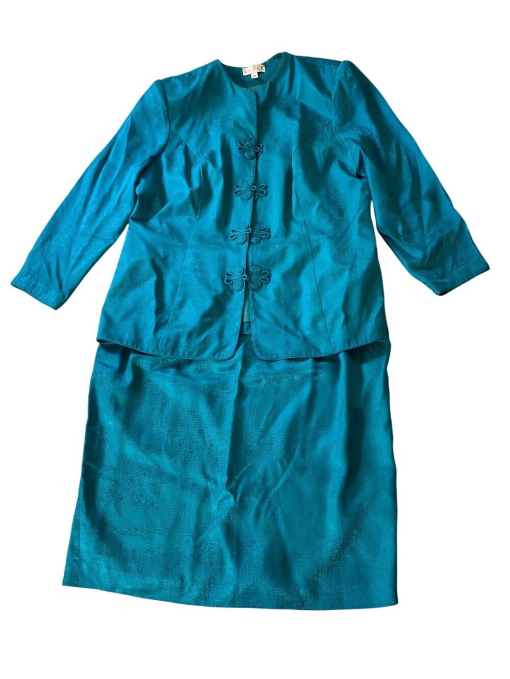 Adrianna Papell Teal Skirt Suit Frog Closures Long Sleeves Size 14